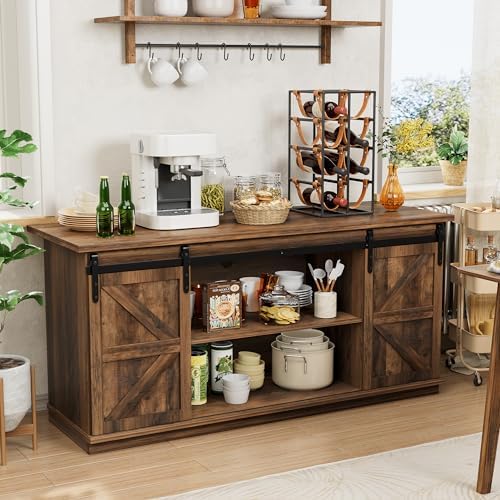 Shahoo Farmhouse Sideboard Buffet Cabinet, Coffee Bar Storage with Sliding Barn Doors, Shelf for Home Dining Room, Barnwood