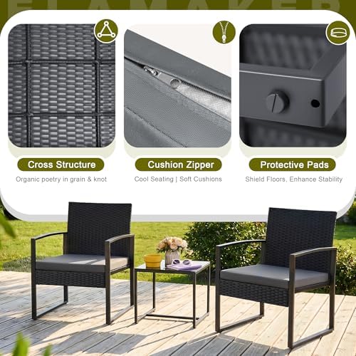 Flamaker 3 Pieces Patio Furniture Set Outdoor Wicker Bistro Chair (Grey)