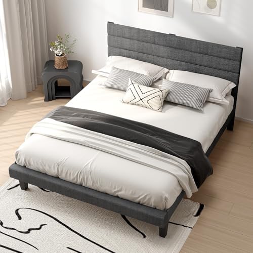 VINGLI King Size Bed Frame and Headboard,Panel Soft Bed with Linen Fabric Upholstered Padding, Low Profile Bed with Durable Wooden Slats Support, No Squeak, Dark Gray