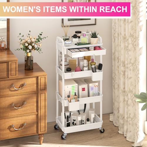 Goovilla 4 Tier Rolling Utility Cart Organizer with Removable Drawer, White