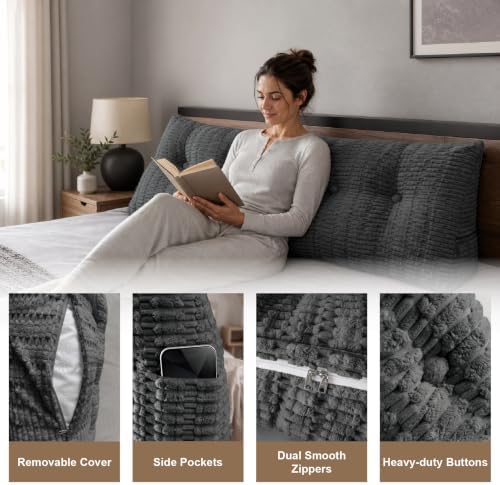 Headboard Pillow Queen, Wedge Pillow for Headboard, Backrest Pillows for Reading, Sitting, Working in Bed, Daybed Soft Pillows with Removable Cover for Bed Dorm Sofa, Dark Grey