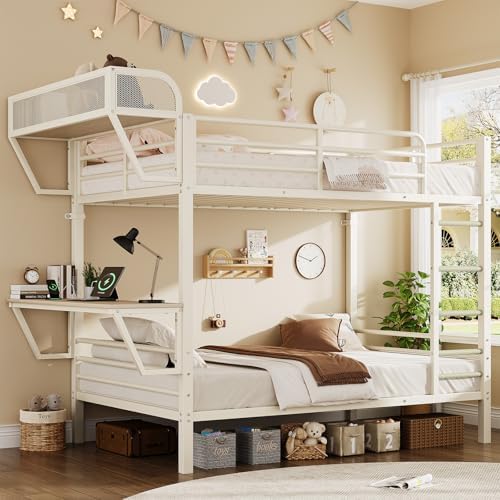 ONBRILL Bunk Bed Twin Over Twin, Metal Bunk Beds with Desk & Outlet, White
