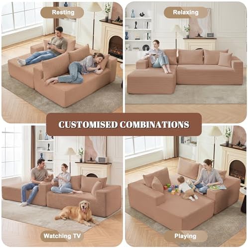 Mangodan 110” Boneless Couch, Cloud Sectional Sofa for Living Room, Camel