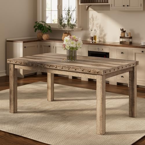 Morden Fort Farmhouse Rectangular Wooden Dining Table, Rustic 60" Kitchen & Dining Room Table with Woodgrain Tabletop, Rivet Accents & Solid Wood Legs