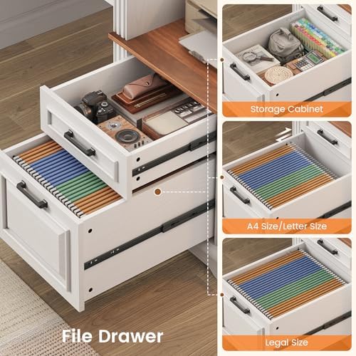 SEDETA Farmhouse Executive Desk, 62'' Home Office Desk with File Drawers, 3Drawer and Storage Cabinet, Computer Desk with Power Outlet for Home Office, Work Study Writing, White + Walnut
