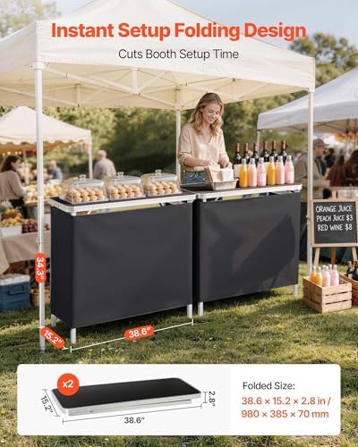 VEVOR Folding Portable Bar Table, 2 pcs, 38.6 x 15.2 x 34.3 in, with Carry Bag, Storage Shelf, Detachable Skirt, Quick and Easy Setup, Foldable Mobile Bartending Station for Events, Party, Tradeshow