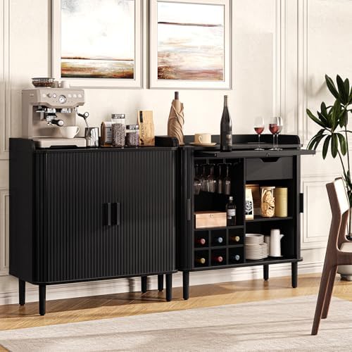 ONBRILL Fluted Bar Cabinet with Storgae, Wine Cabinet, 33" H, Black