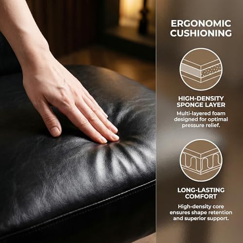 HNY Mid Century Modern Rattan Dining Chairs Set of 4, Farmhouse PU Leather Upholstered Accent Chair Curved Backrest Kitchen Chairs, with Black Hardwood Frame, Black