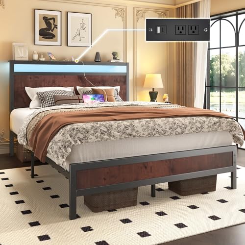 Fluest Full Bed Frame with Headboard & Footboard, Full Bed Frame with Built-in Charging Station & LED Light, Storage Shelf, Noise-Free, No Box Spring Needed, Easy Assembly, Coffee Brown