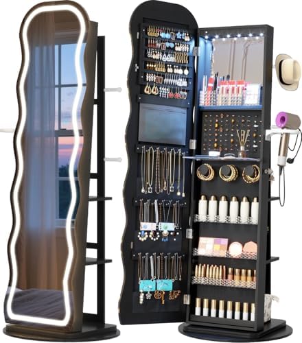 Vlsrka LED Mirror Jewelry Cabinet Standing, 360° Swivel, Black | Lockable Jewelry Armoire with Mirror, Interior LED Makeup Mirror, Foldable Shelf, Large Capacity, Gift for Women, Girls