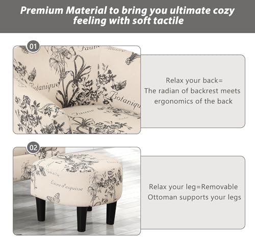 INZOY Modern Accent Chair with Ottoman for Small Space, Club Chair with Ottoman Set, Comfy Fabric Barrel Reading Chairs for Living Room Bedroom, Round Reading Chair with Foot Rest, Flower Pattern