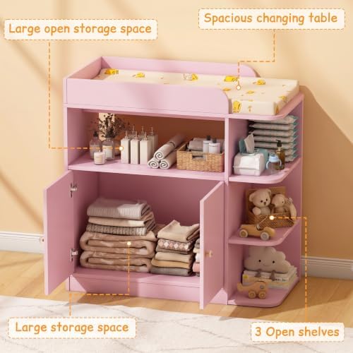 Wanan Changing Table Dresser with Large Cabinet for Nursery, Wood, Pink