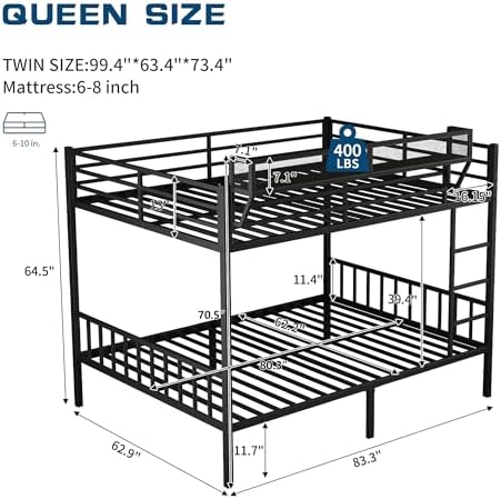Queen Over Queen Metal Bunk Bed with Storage Shelf & USB Charging