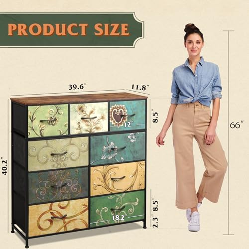 WLIVE Tall Dresser for Bedroom, 9 Drawer Chest of Drawers, Floral