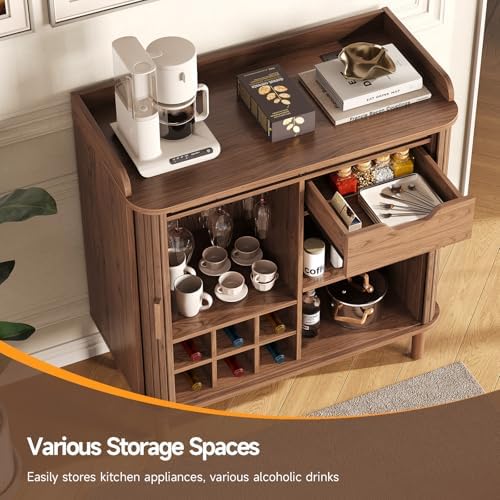ONBRILL Fluted Bar Cabinet with Storgae, Wine Cabinet, 33" H, Walnut