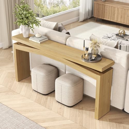 Epecoya Wooden Extra Long Console Tables for Living Room, Natural Teak