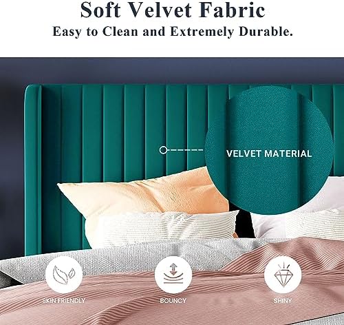 Allewie Full Size Bed Frame/Velvet Upholstered Platform Bed/Vertical Channel Tufted Wingback Headboard/Strong Wooden Slats/No Box Spring Needed/Easy Assembly/Teal