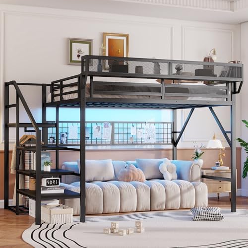 KEIKI Queen Size Metal Loft Bed Frame with Grid & Staircase & Built-in Storage Shelves & Wardrobe, Loft Bed with Solid Slats & Guardrail, No Box Spring Required, Easy Assembly, for Bedroom, Black