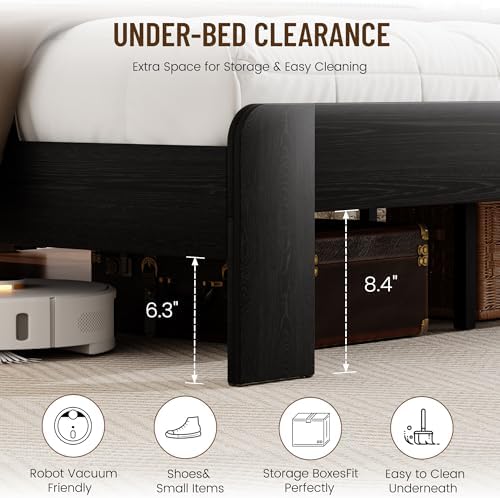 Queen Size Black Farmhouse Wood Bed Frame with Panel Headboard