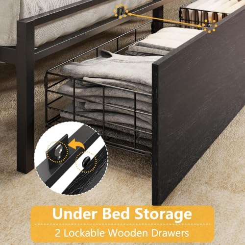 Furnulem King Size Bed Frame with 2 Drawers and Storage Headboard Black