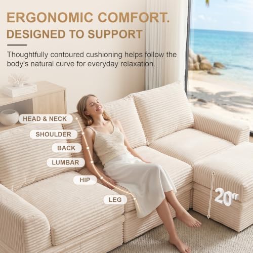 Modular Sectional Couch for Living Room, Corduroy 5-Seat U Shaped Upgraded Boneless Couch with Storage & 2 Ottomans, Throw Pillows, Memory Foam Sofa,Deep Seat,Compressed Box,No Assembly (107"-Beige)