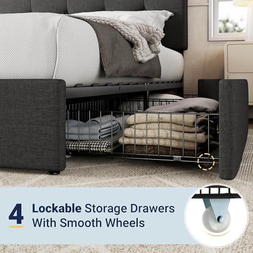 Allewie Full Size Storage Bed Frame with 4 Underbed Drawers, Upholstered Platform Bed with Adjustable Headboard, Square Button Tufted, Easy Assembly, Noise-Free, No Box Spring Needed, Dark Grey