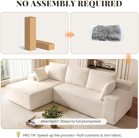 GRUSIGN Cloud Sectional Boneless Couches for Living Room, Modular L Shaped Couch with Deep Seat Oversized Left Facing Chaise, Memory Foam Compressed Spineless 3 Seater Sofa for Apartment, Beige