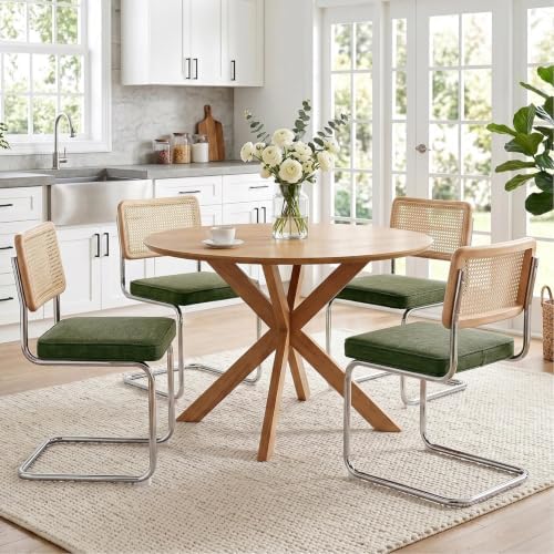 Zesthouse Natural Rattan Dining Chairs Set of 4, Mid Century Modern Dining Chairs with Solid Wood Back & Chrome Base, for Kitchen Living Room, Breuer Design Inspired, Upholstered Linen Fabric, Green