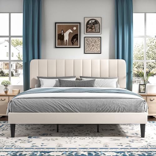 VECELO King Size Bed Frame with Upholstered Headboard, Velvet Platform Bedframe Mattress Foundation, Strong Wood Slat Support, No Box Spring Needed,Velvet Beige