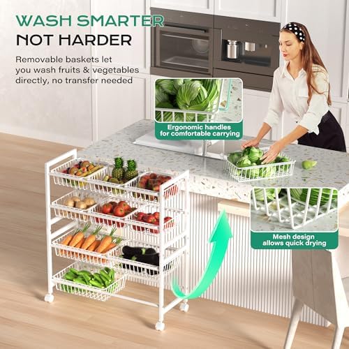 Cinati 4-Tier Snack Cart with Wheels, 29''W Toy Storage Organizer, Rolling Pantry Storage Cart with 10 Wire Baskets & Handle,Adjustable Metal Snack Rack, Kitchen Organizer for Fruit, Vegetables(White)