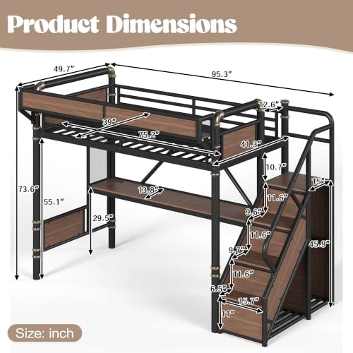 KEIKI Twin Size Metal Loft Bed Frame with Storage Staircase, Desk, Black