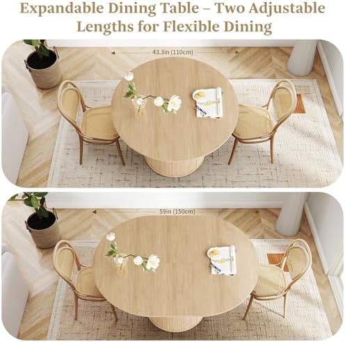 weselon 43"-59" Extendable Round to Oval Dining Table with Hidden Storage, Modern Wooden Kitchen Table with Fluted Sliding Door Cabinet, Expandable Dinner Table for Dining Room Living Room (Natural)