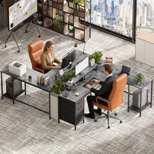 Korfile 66" L Shaped Computer Desk, 94.4'' Home Office Desk with Power Outlets, 4 Adjustable Storage Drawers & 2 Monitor Stands, Large Two Person Gaming Table for Writing Study, Grey