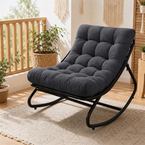 Patio Outdoor Papasan Rocking Chair with Thick Cushion, Dark Gray