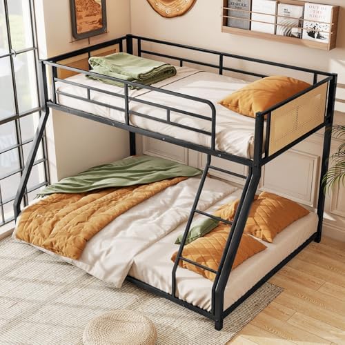 Giantex Twin Over Full Metal Bunk Bed, Boho Rattan Floor Bunkbeds with Ladder & Full-length Guardrails, Heavy Duty Metal Slats Support Bed Frame for Teens, Adults, Guests, No Box Spring Needed (Black)