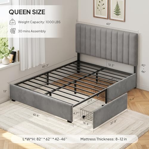 Welzona Queen Upholstered Bed Frame with Headboard & 2 Storage Drawer, Grey