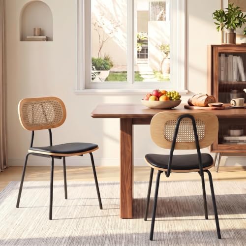 CIMOTA Rattan Dining Chairs Set of 2, Cane Back Kitchen Chairs with Metal Legs, Faux Leather Seat, Armless Dining Room Chairs for Kitchen, Black