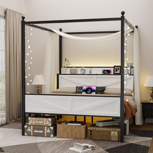 Canopy Bed Frame Full Size with Storage Headboard, White