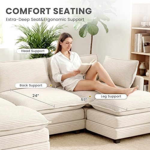ROWHY 112'' Sectional Modular Cloud Couch, Oversized 5 Seat Couches U Shaped Sofa with 2 Movable Ottomans, 2 Throw Pillows, Upholstered Corduroy U Shape Comfy Deep Couches for Living Room, Beige
