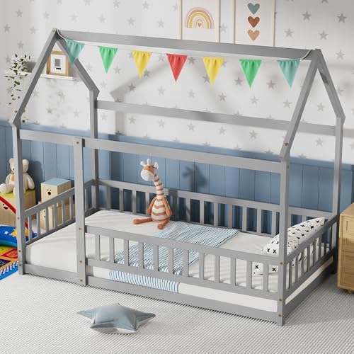 PVWIIK Twin Size Montessori Floor Bed with Roof & Fence Guardrails for Boys Girls Bedroom,Twin Size Floor Wooden Bed Frame,Easy Assemble,No Box Spring Needed, Gray