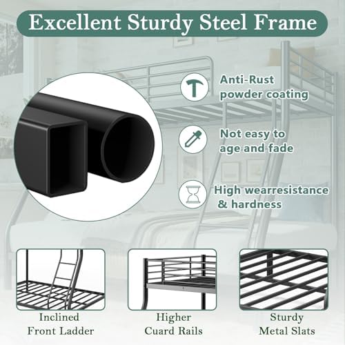 Bunk Beds Twin Over Full Size, Heavy Duty Bunk Beds with Bottom Space & Guardrail Metal Bunk Bed Frame for Adults Dorm Bedroom Guest Room, No Box Spring Needed（Upgrate Black）