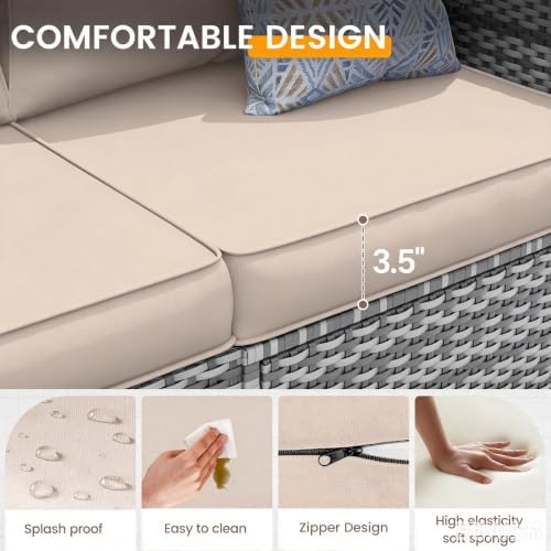 Outdoor Patio Furniture Set with Fire Pit 8 Pcs Wicker Sectional Sofa Beige