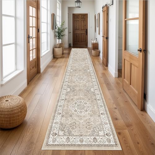 Hallway Washable Runner Rug - 2'6x14 Kitchen Rugs Entryway Rug Runner Vintage Soft Floor Mat Non Slip Indoor Farmhouse Carpet for Bathroom Living Room Bedroom (2'6''x14', Beige)