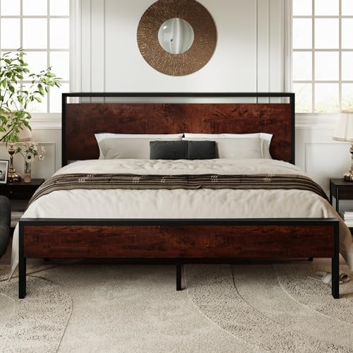 Allewie King Size Bed Frame, Heavy Duty 12 Metal Slats Support, Mahogany