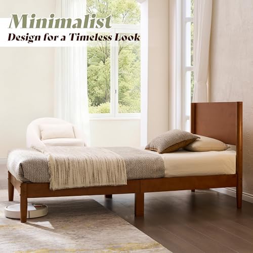 AMERLIFE Solid Wood Twin Bed Frame, Mid Century Bed with Headboard, Brown