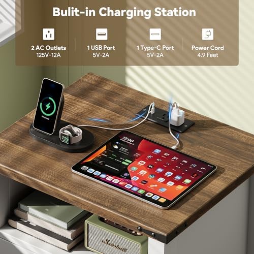 Decofy Farmhouse Nightstand Set of 2 with Charging Station, 2 Drawers