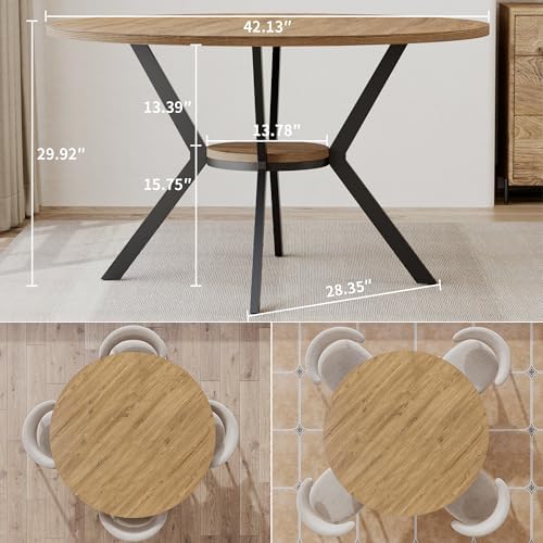 42'' Round Dining Table for 2-4, Farmhouse Round Kitchen Table with Storage