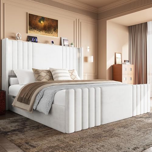 55" Tall Queen Size Platform Bed Frame with 2 Reading Lights, Cream