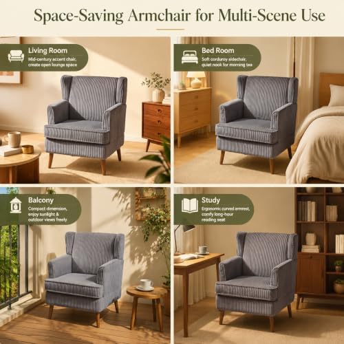 VINGLI 26" Wingback Accent Chair, Corduroy Armchair for Bedroom Living Room