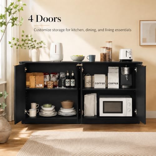 USHOWER 63" Fluted Buffet Cabinet with Storage, Wooden Sideboard, Black